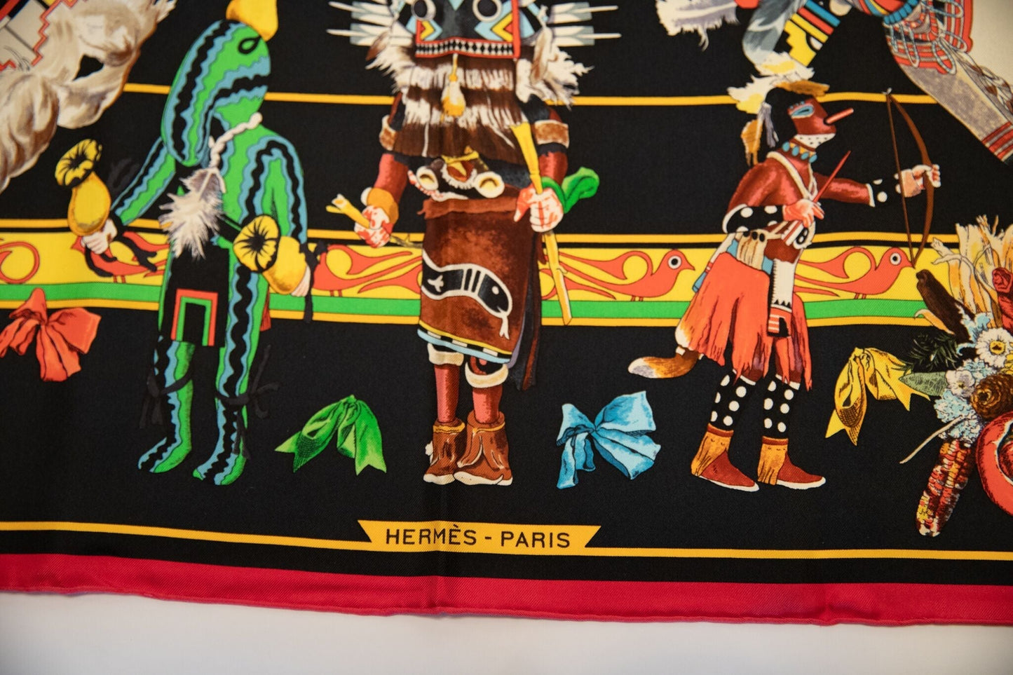 Hermes Black Silk Kachinas Scarf