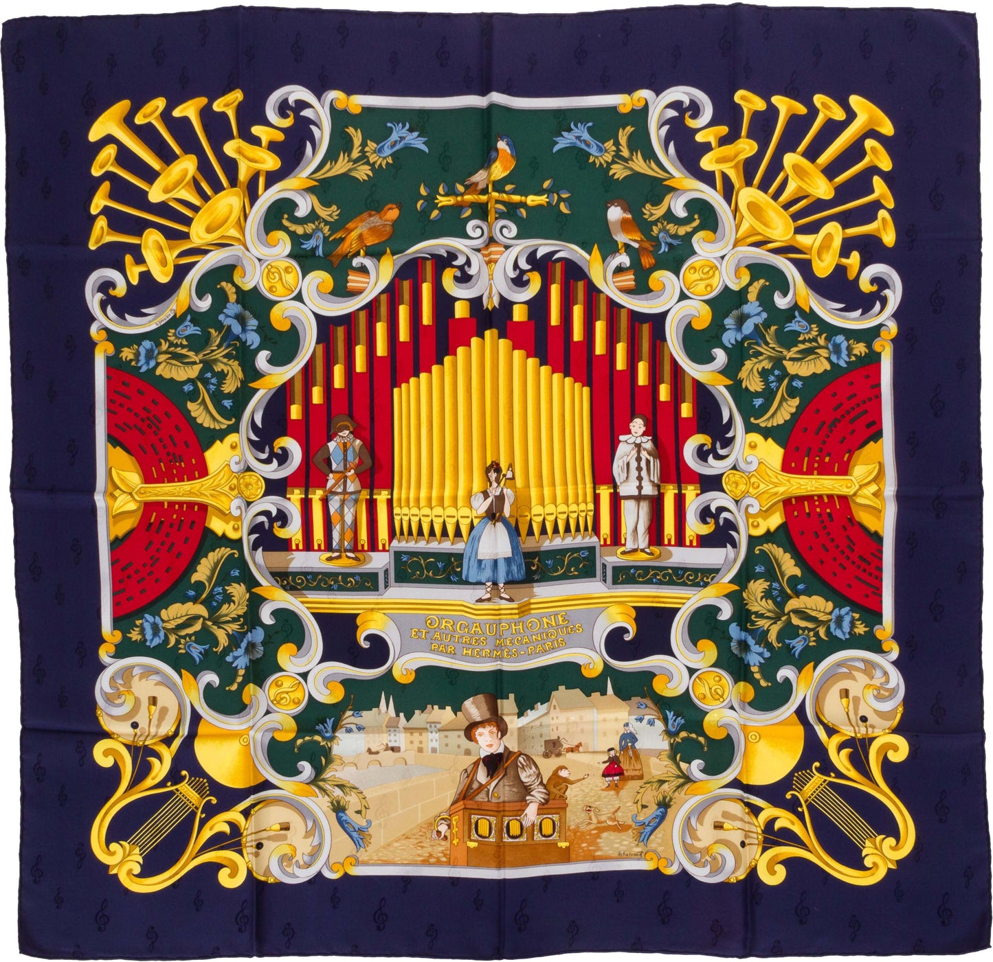 Hermes "Orgauphone" Blue Silk Scarf
