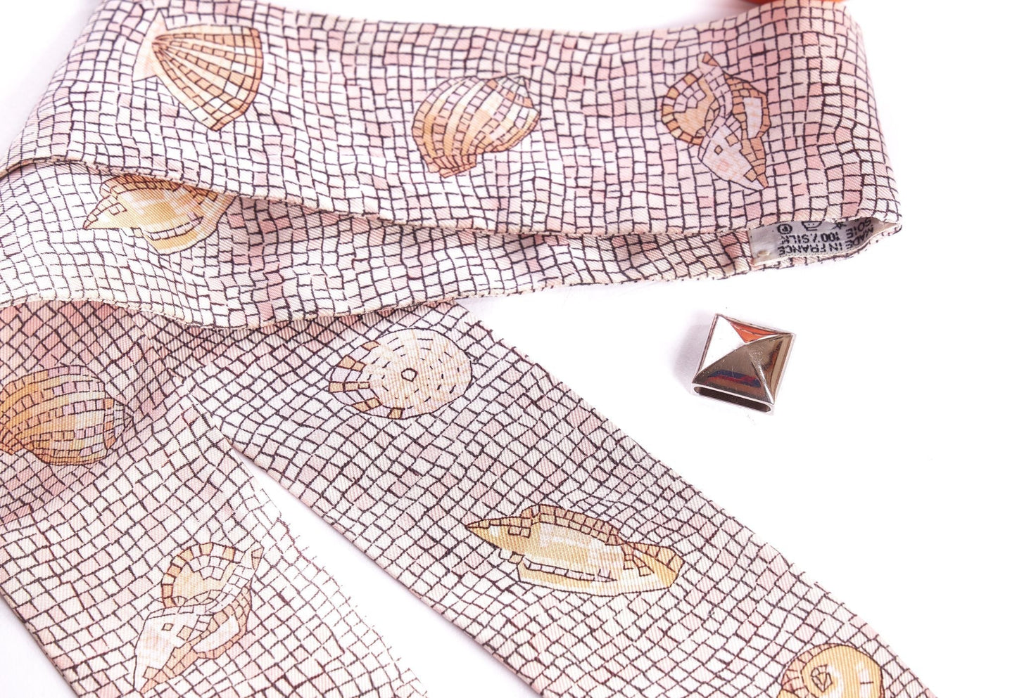 Hermes Grey Mosaic Shells Silk Twilly