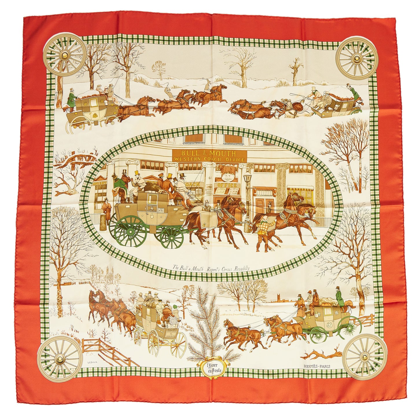 Hermes L'Hiver en Poste Red Silk  Scarf