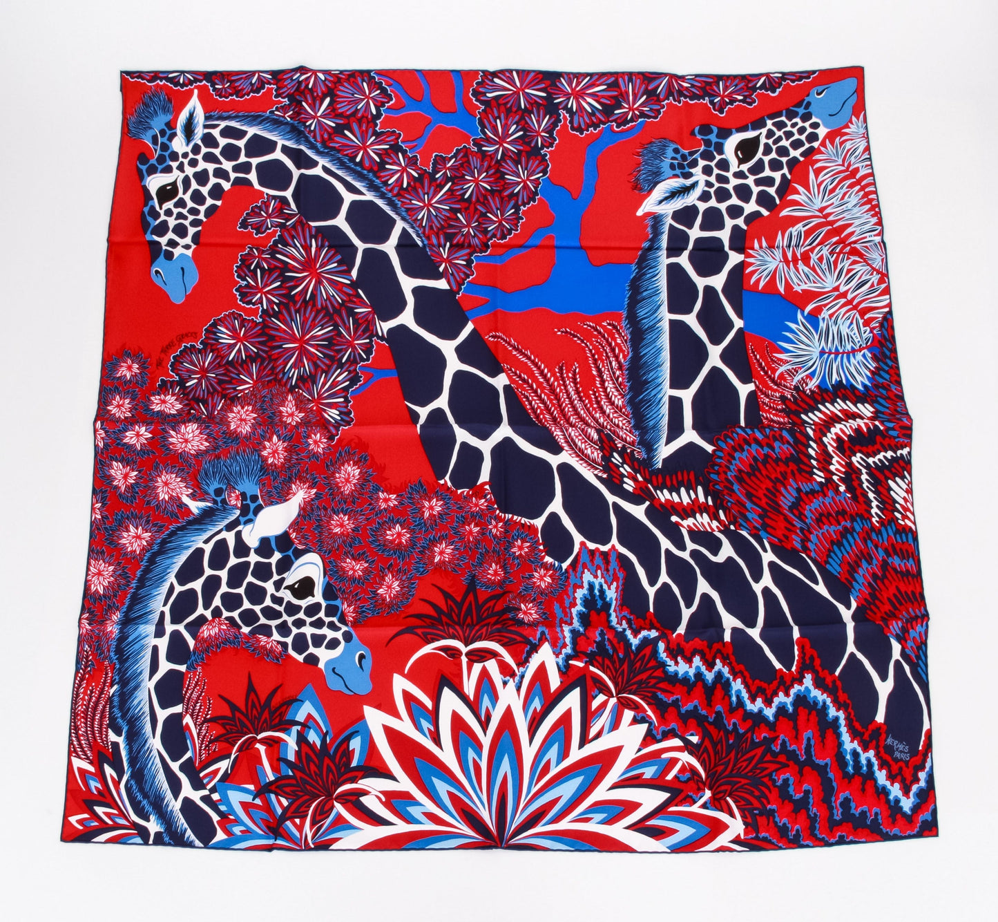 Hermes New Blue Red Giraffes Silk Scarf