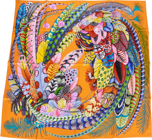 Hermes BNIB Orange Feathers Silk Scarf