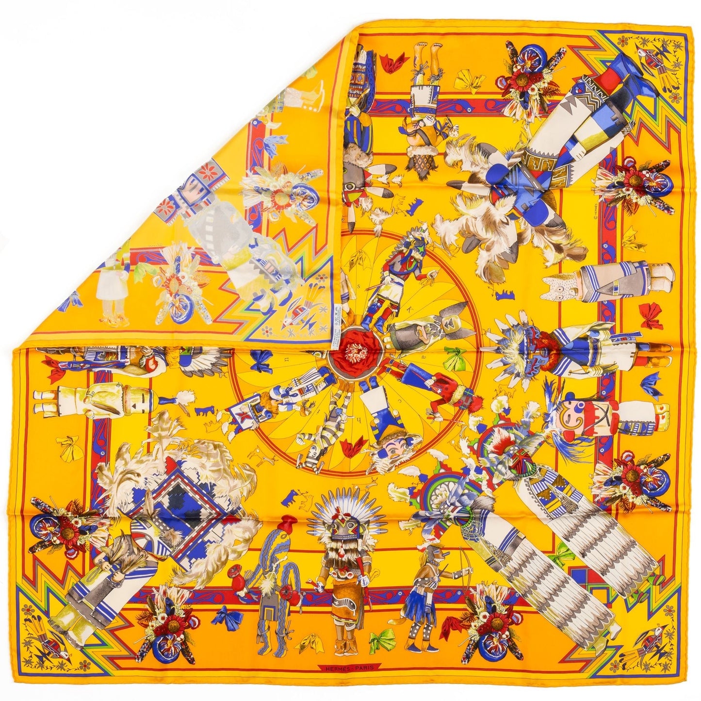 Hermes Yellow Silk Kachinas Scarf By Kermit Oliver