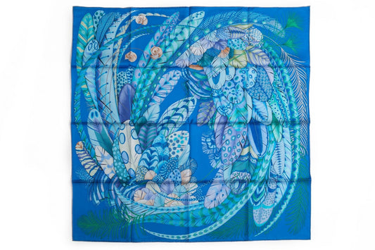 Hermes Turquoise Feather Silk Scarf