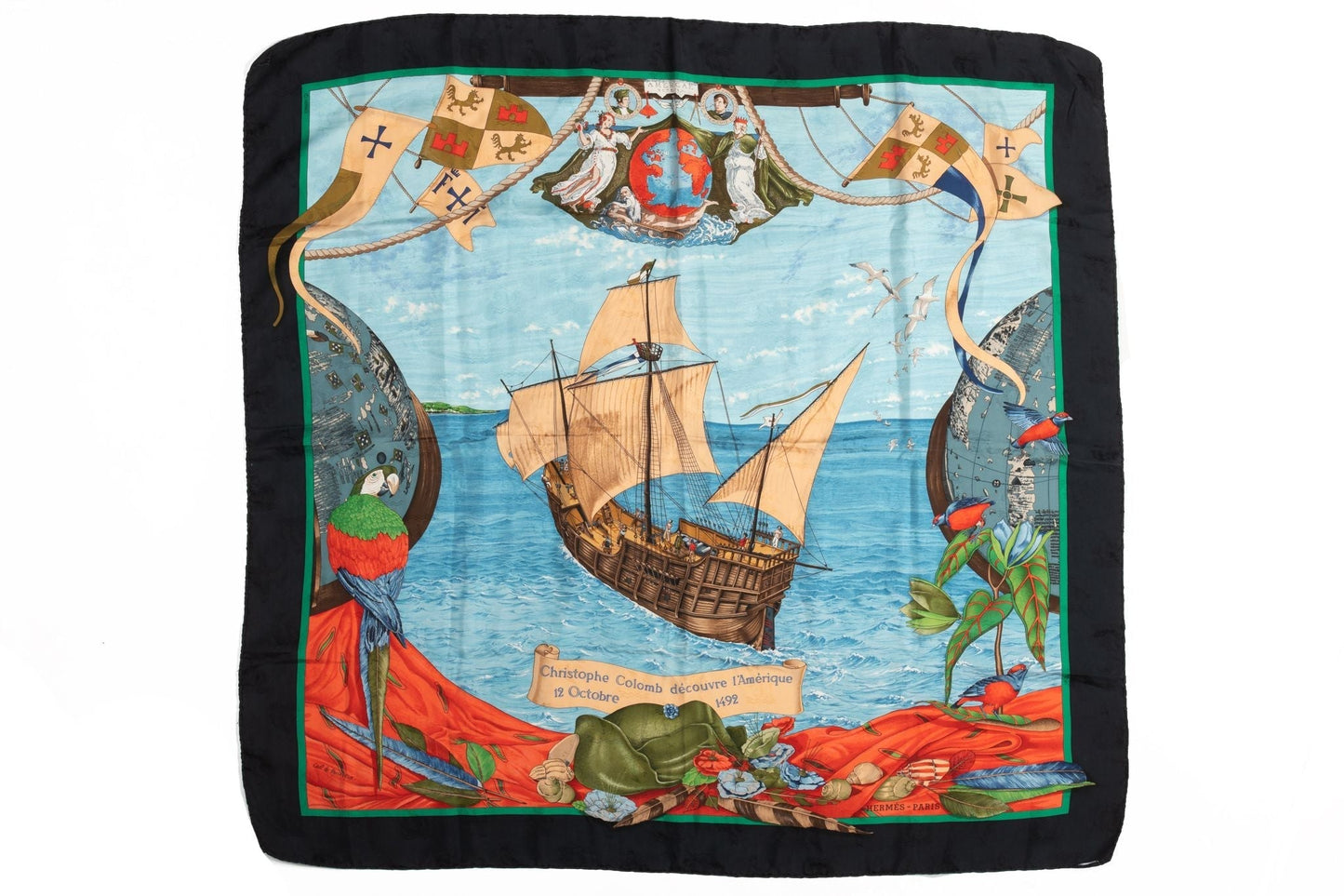 Hermes Black Blue Vessel Silk Scarf
