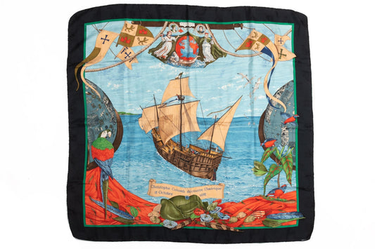 Hermes Black Blue Vessel Silk Scarf