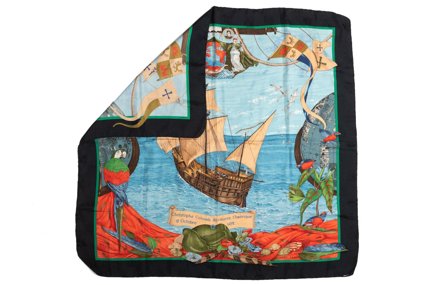 Hermes Black Blue Vessel Silk Scarf