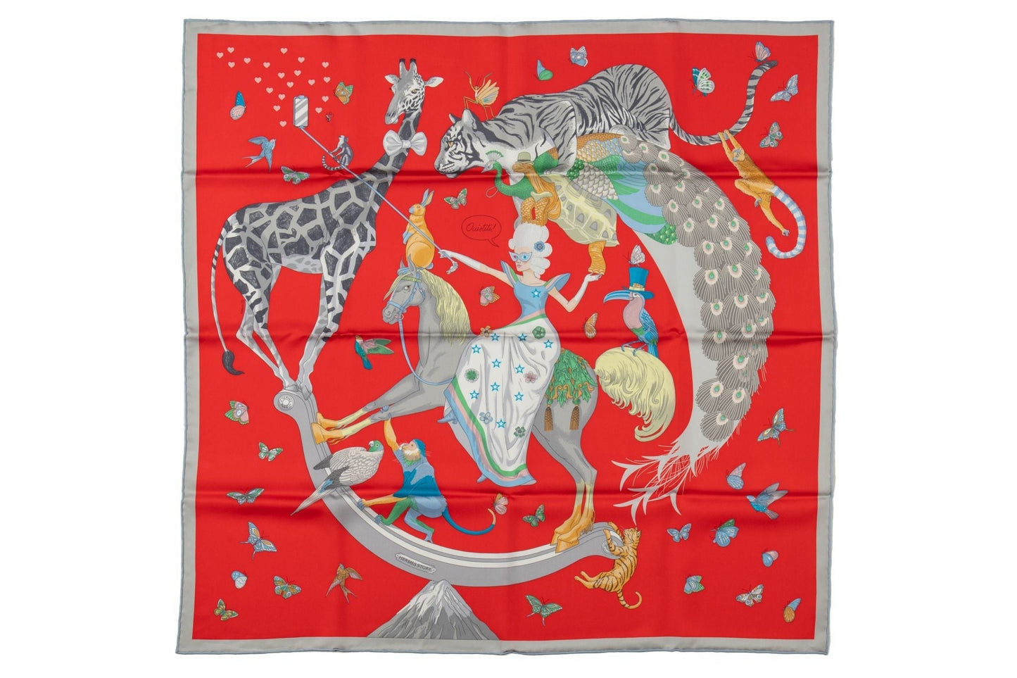 Hermes Story New Red Grey Silk Scarf