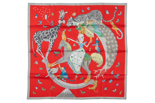 Hermes Story New Red Grey Silk Scarf