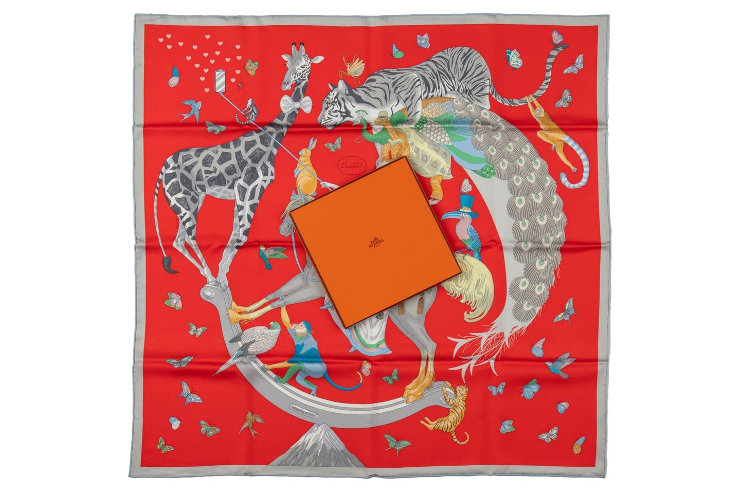 Hermes Story New Red Grey Silk Scarf