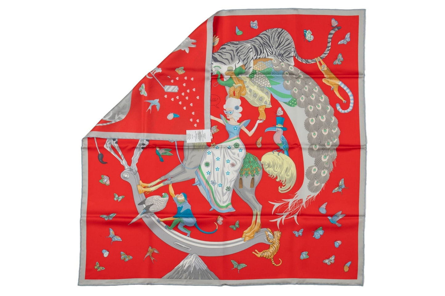 Hermes Story New Red Grey Silk Scarf