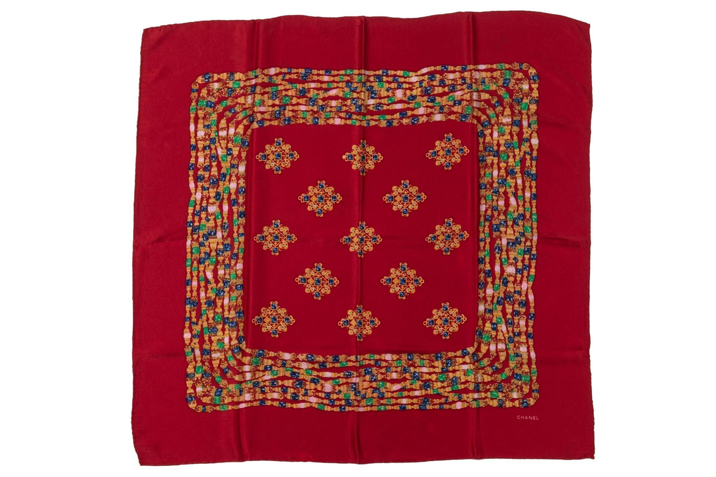Chanel 80s Red Gripoix Silk Scarf