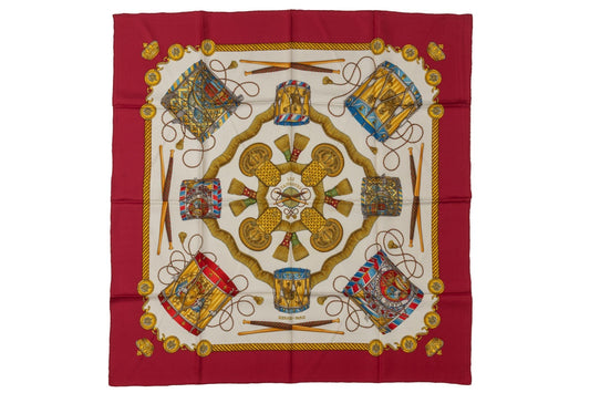 Hermes Les Tambours Red Silk Scarf