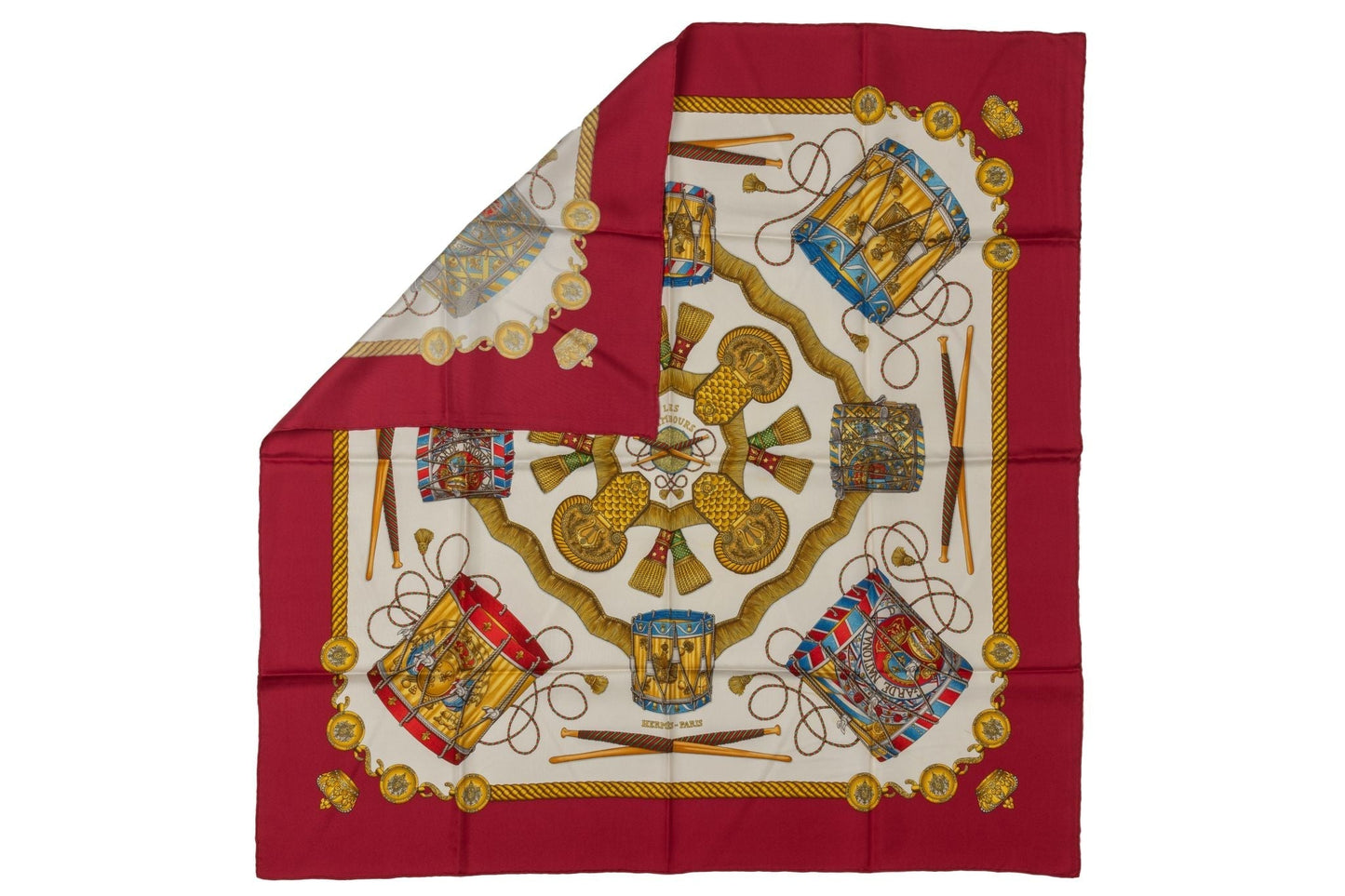 Hermes Les Tambours Red Silk Scarf