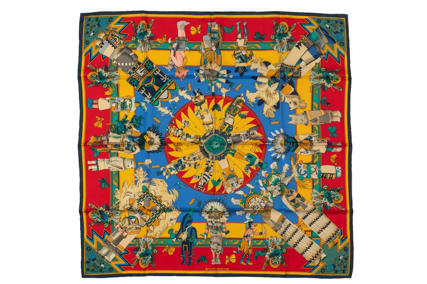 Hermes Red Yellow Silk Kachinas Scarf