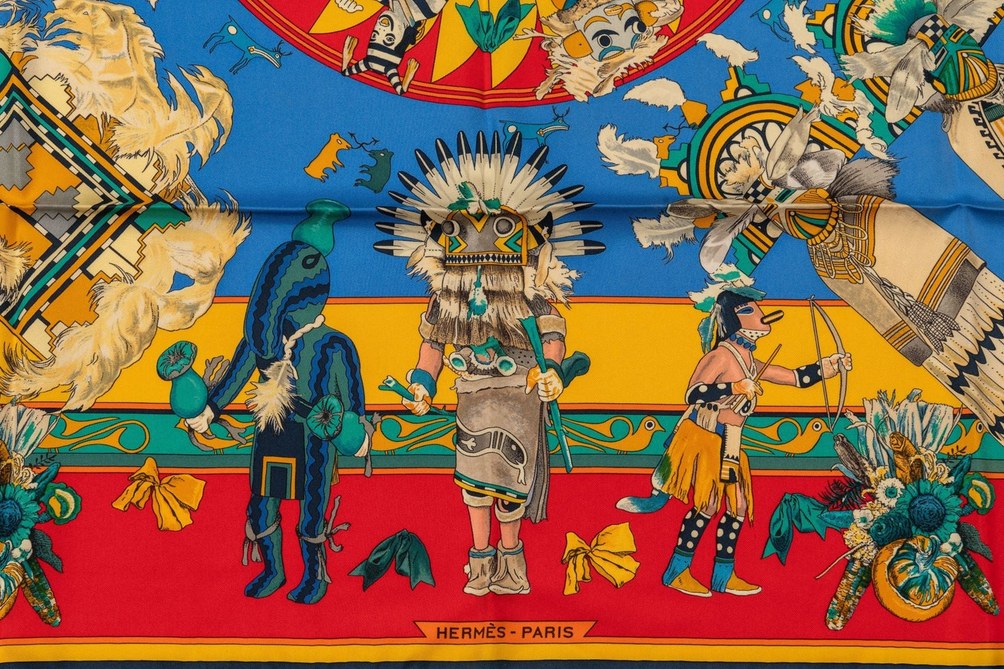 Hermes Red Yellow Silk Kachinas Scarf