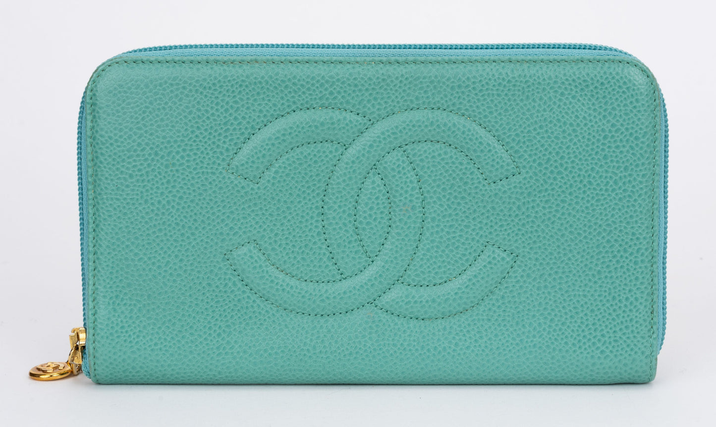 Chanel Aqua Zip Around Caviar Wallet