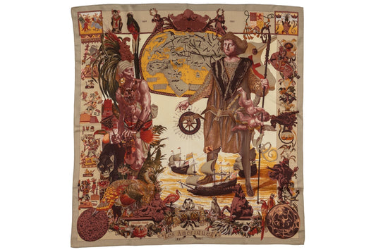 Hermes "Colombus" Taupe Silk Scarf