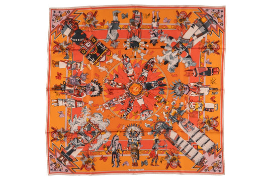 Hermes Orange "Kachinas" Silk Scarf