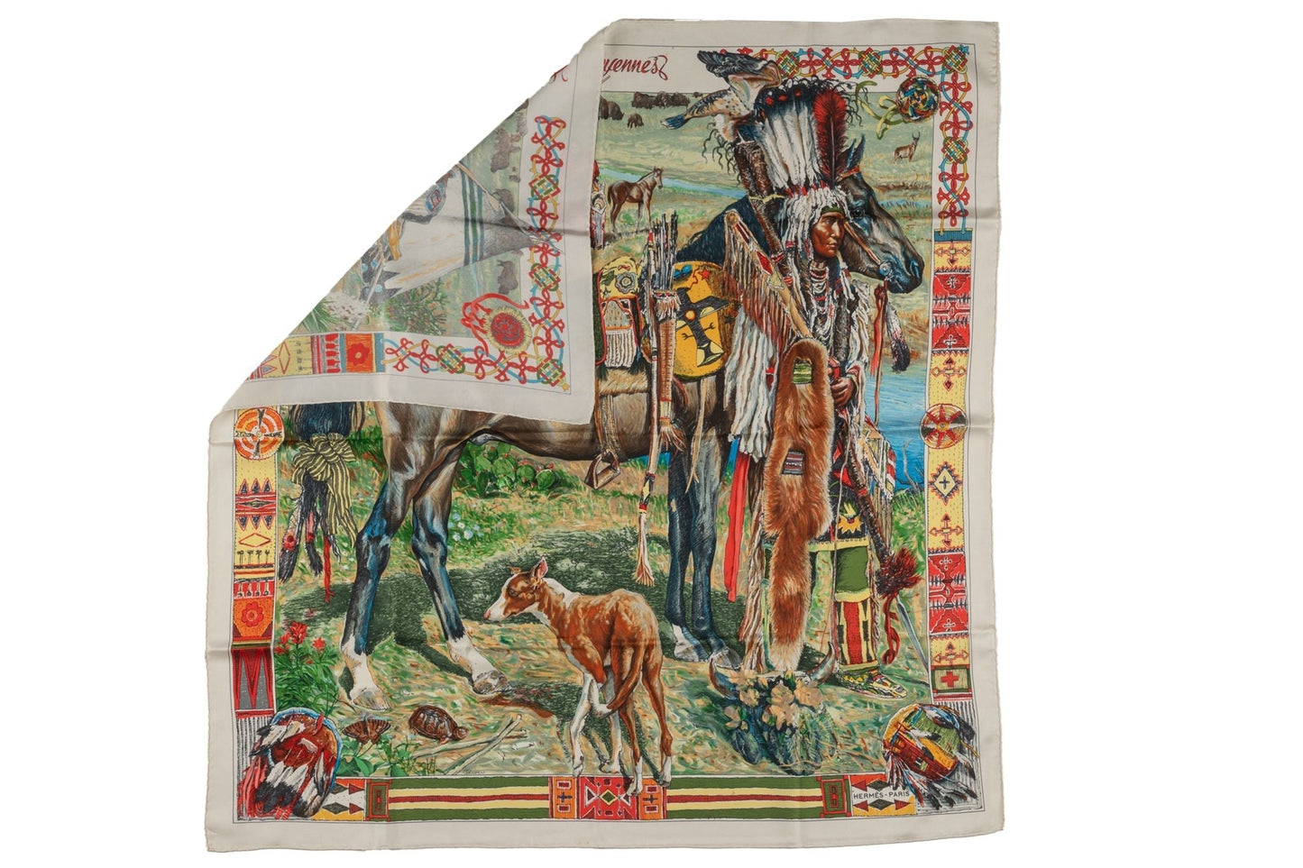 Hermes "Les Cheyennes" Cream Silk Scarf