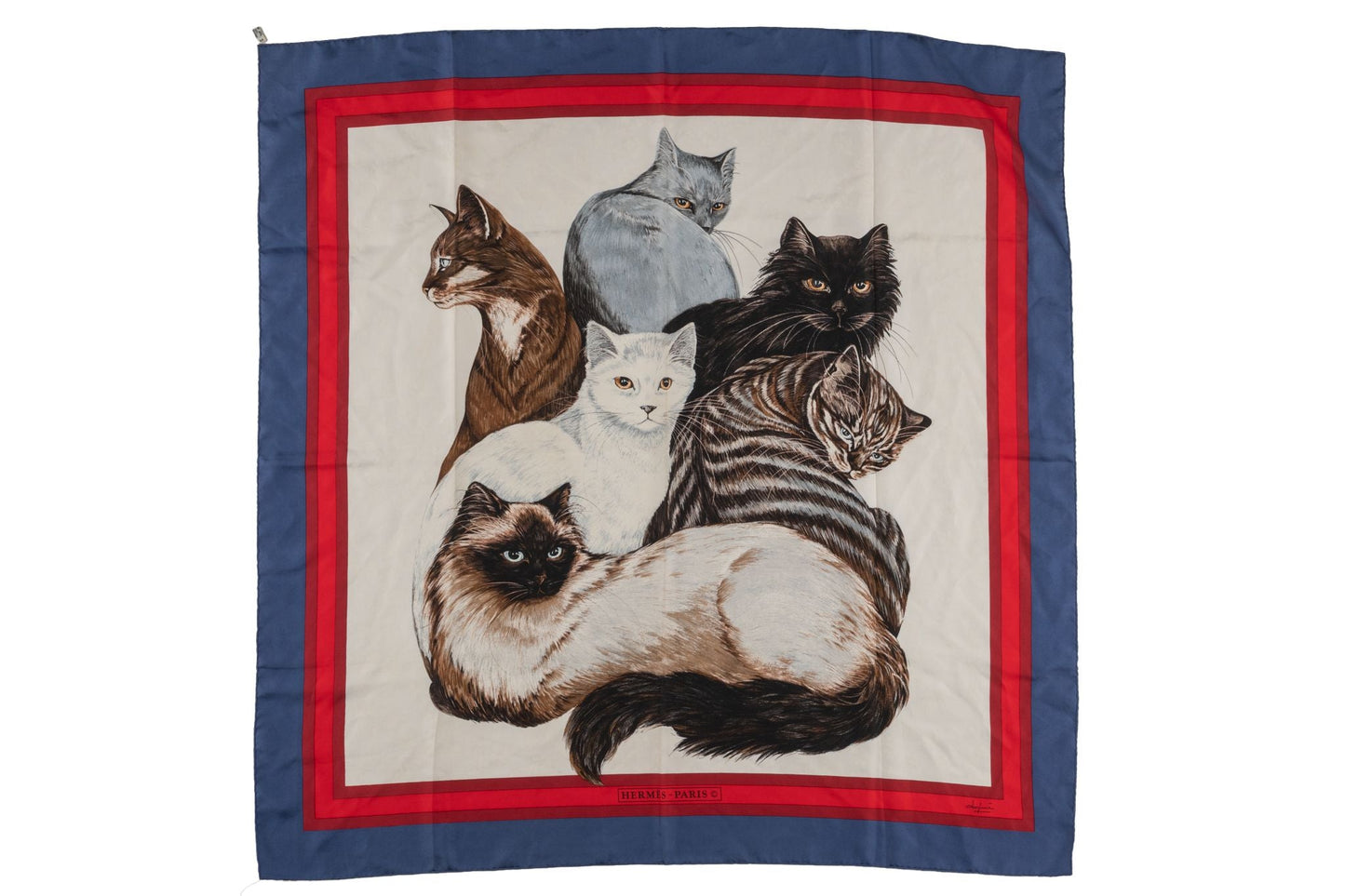 Hermes "Les Chats" Red Blue Silk Scarf