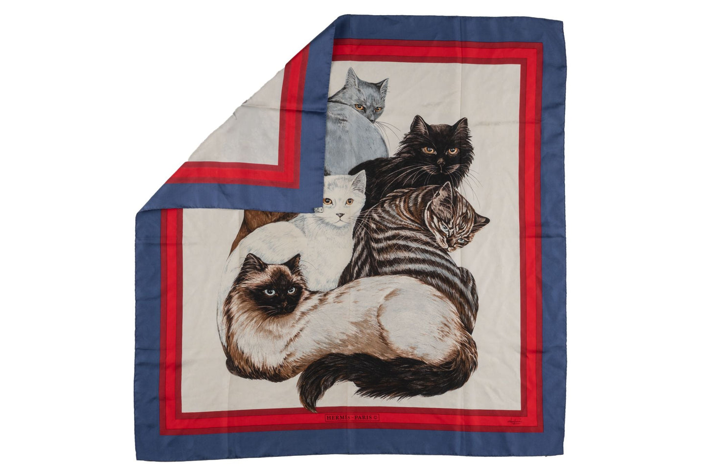 Hermes "Les Chats" Red Blue Silk Scarf
