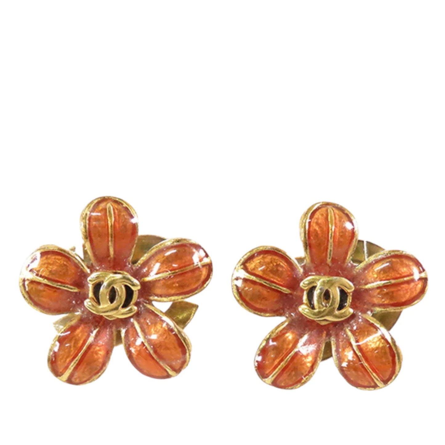Orange Chanel Gold Plated Resin CC Flower Push Back Earrings