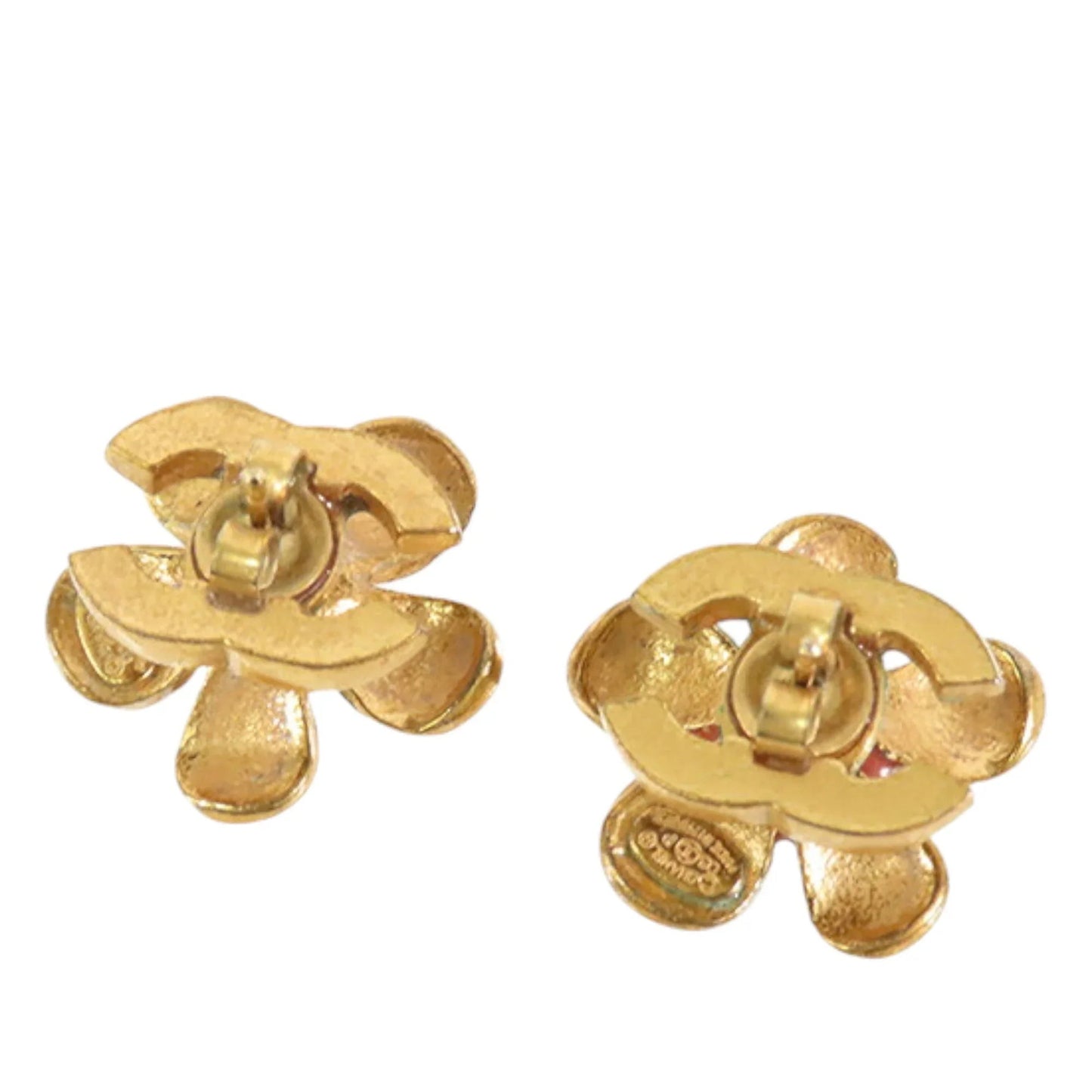 Orange Chanel Gold Plated Resin CC Flower Push Back Earrings