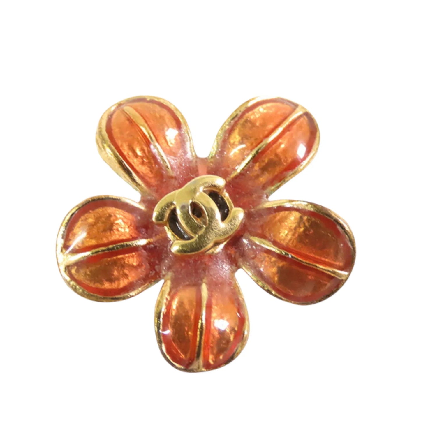 Orange Chanel Gold Plated Resin CC Flower Push Back Earrings