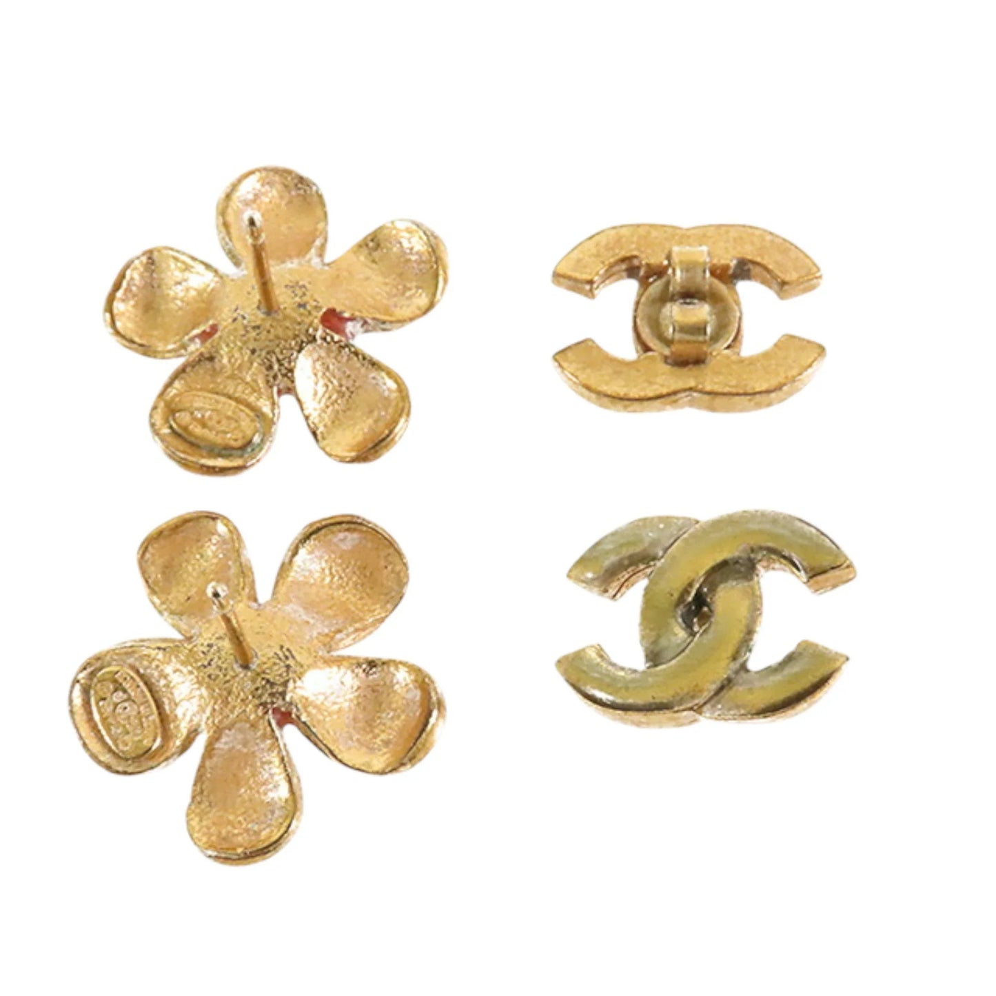 Orange Chanel Gold Plated Resin CC Flower Push Back Earrings