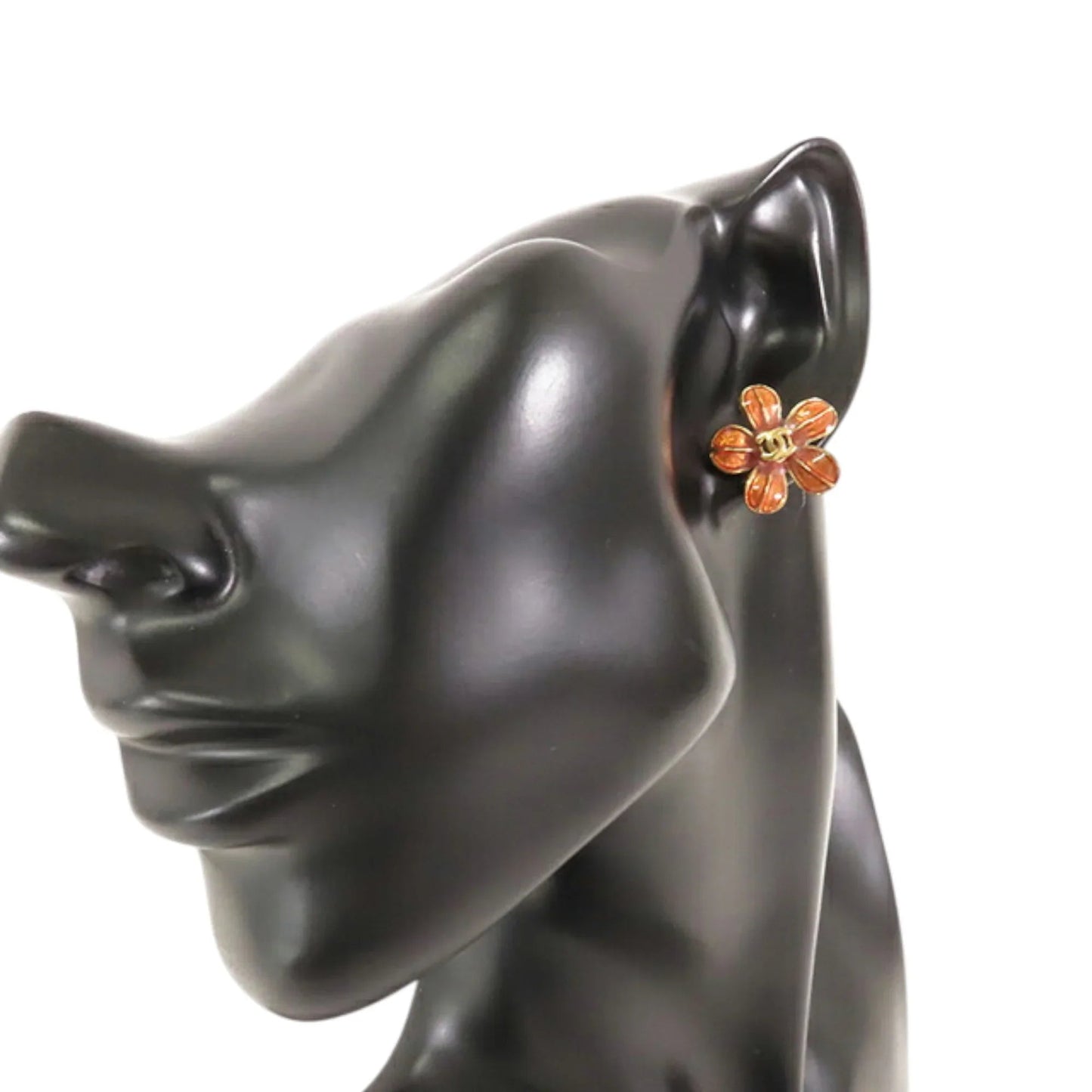 Orange Chanel Gold Plated Resin CC Flower Push Back Earrings
