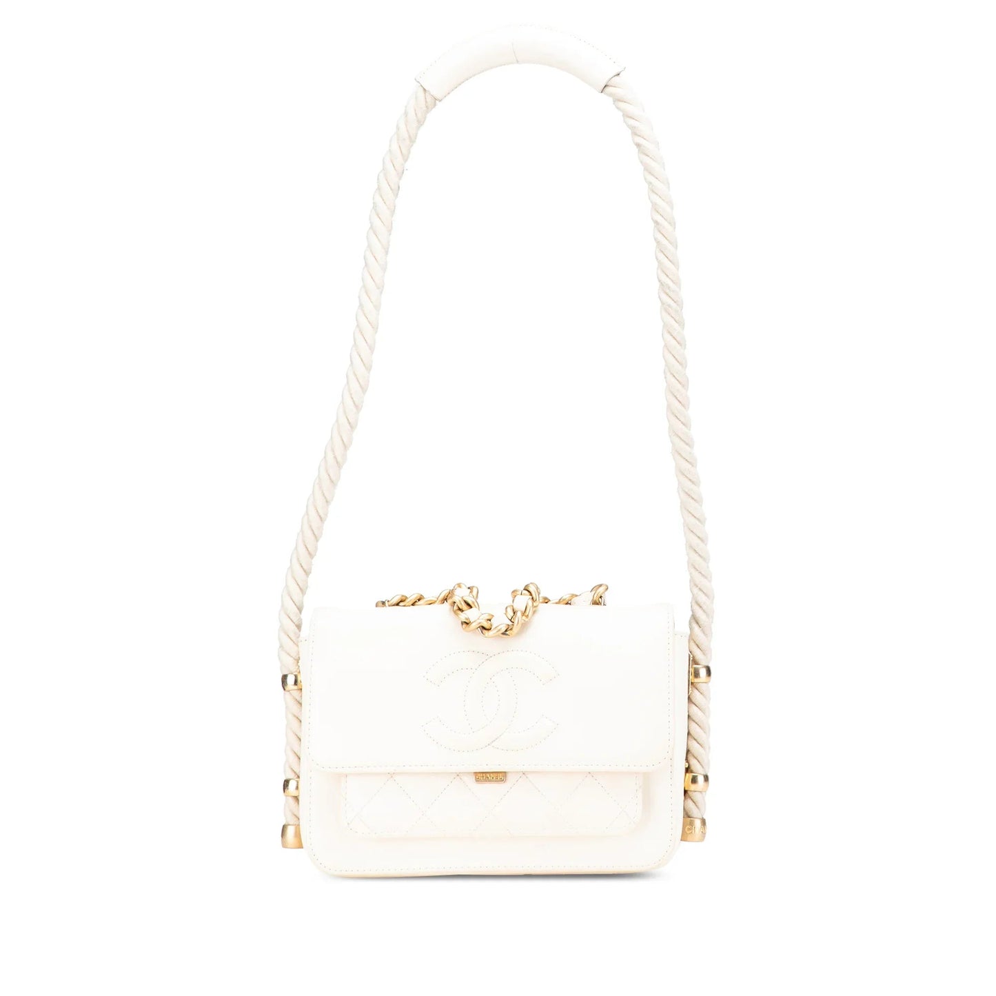 White Chanel Crumpled Calfskin En Vogue Rope Flap Satchel