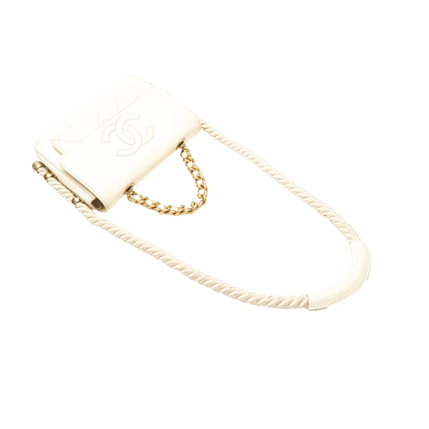 White Chanel Crumpled Calfskin En Vogue Rope Flap Satchel