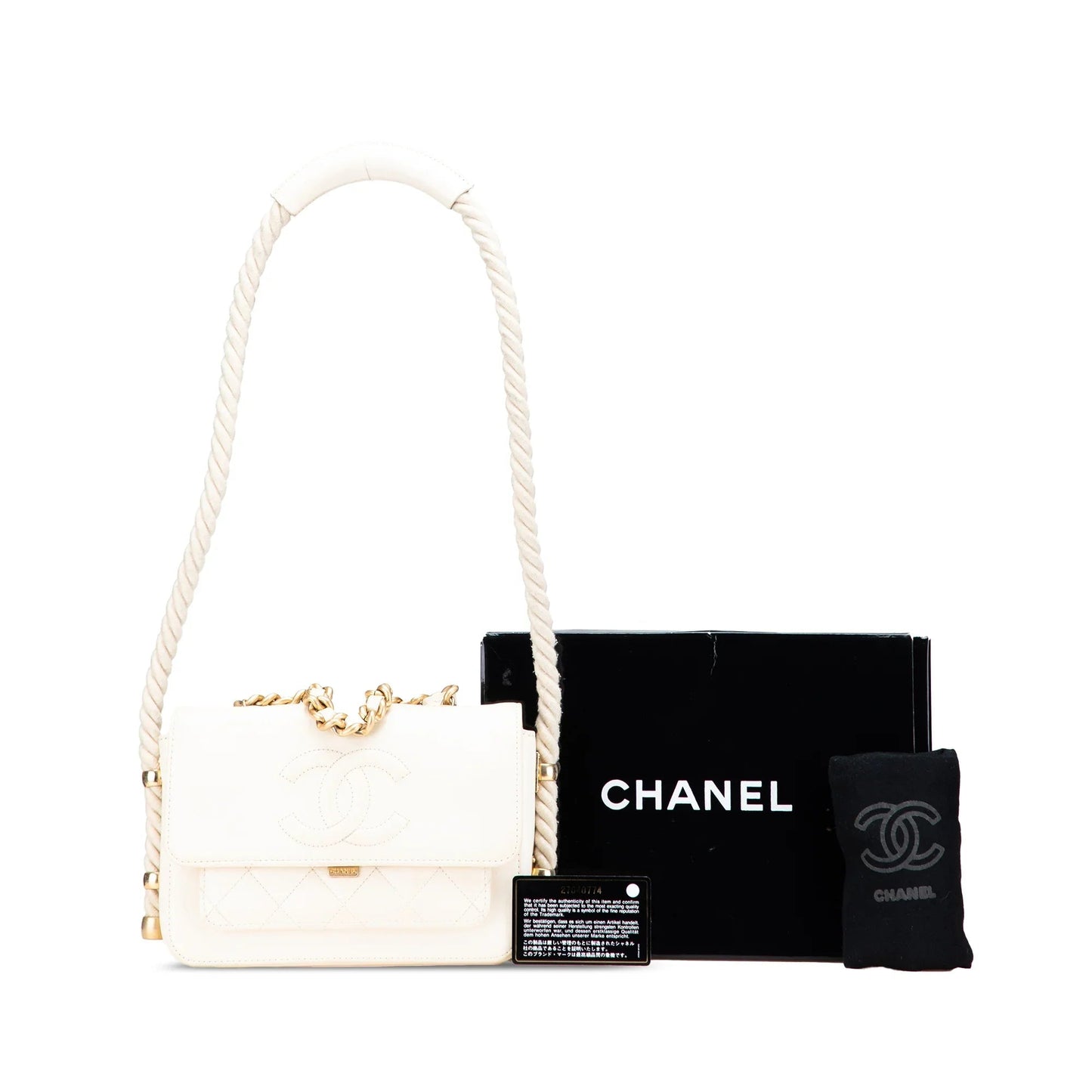 White Chanel Crumpled Calfskin En Vogue Rope Flap Satchel