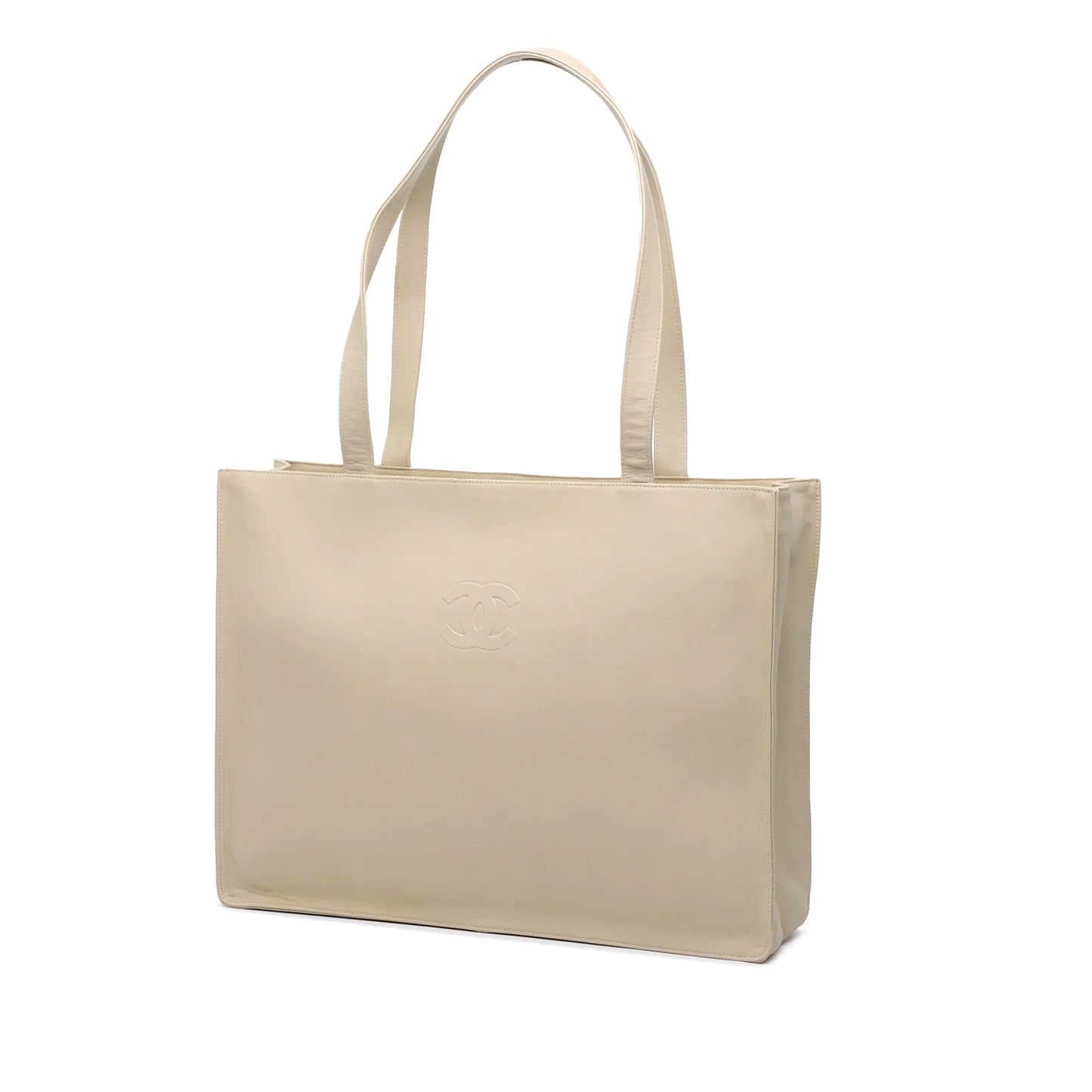 Beige Chanel Lambskin Embossed CC Camellia Tote