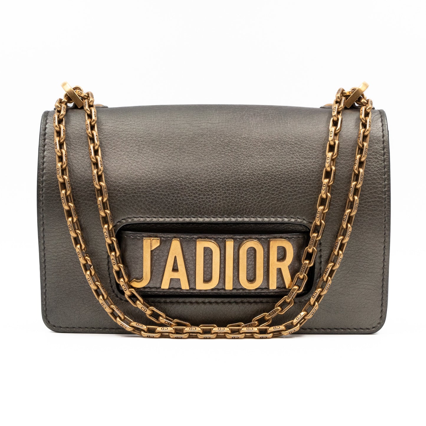 J'Adior Flap Bag Medium Metallic Gray Leather