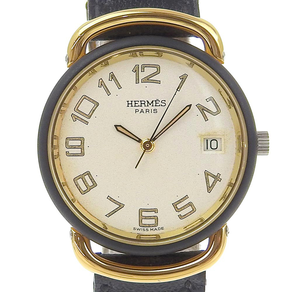 HERMES Watches Quartz Stainless Steel, Plated Gold, Leather gold Pullman White dial mens  d