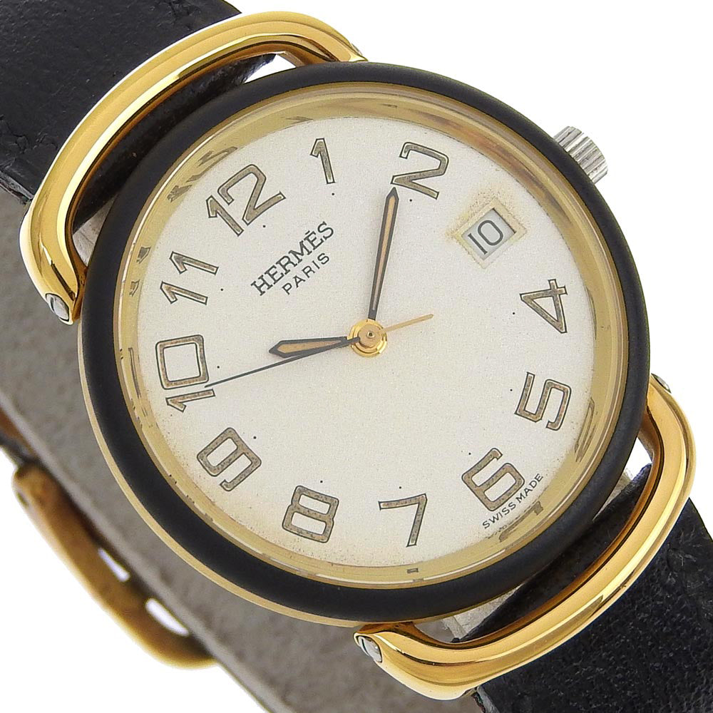 HERMES Watches Quartz Stainless Steel, Plated Gold, Leather gold Pullman White dial mens  d