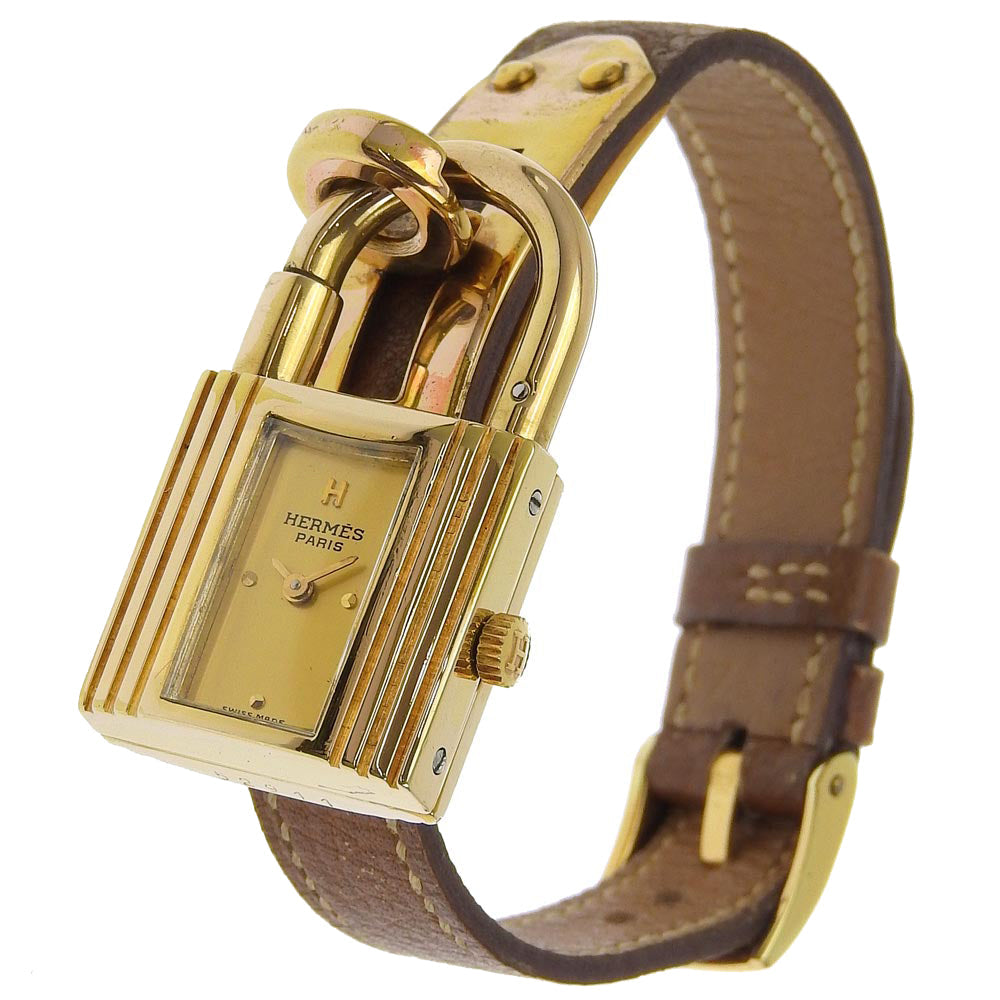 HERMES Watches Quartz Plated Gold , Leather gold vintage Kelly watch gold dial Women  d