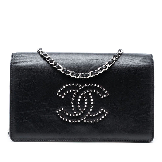 Black Chanel Studded Lambskin CC Wallet on Chain Crossbody Bag