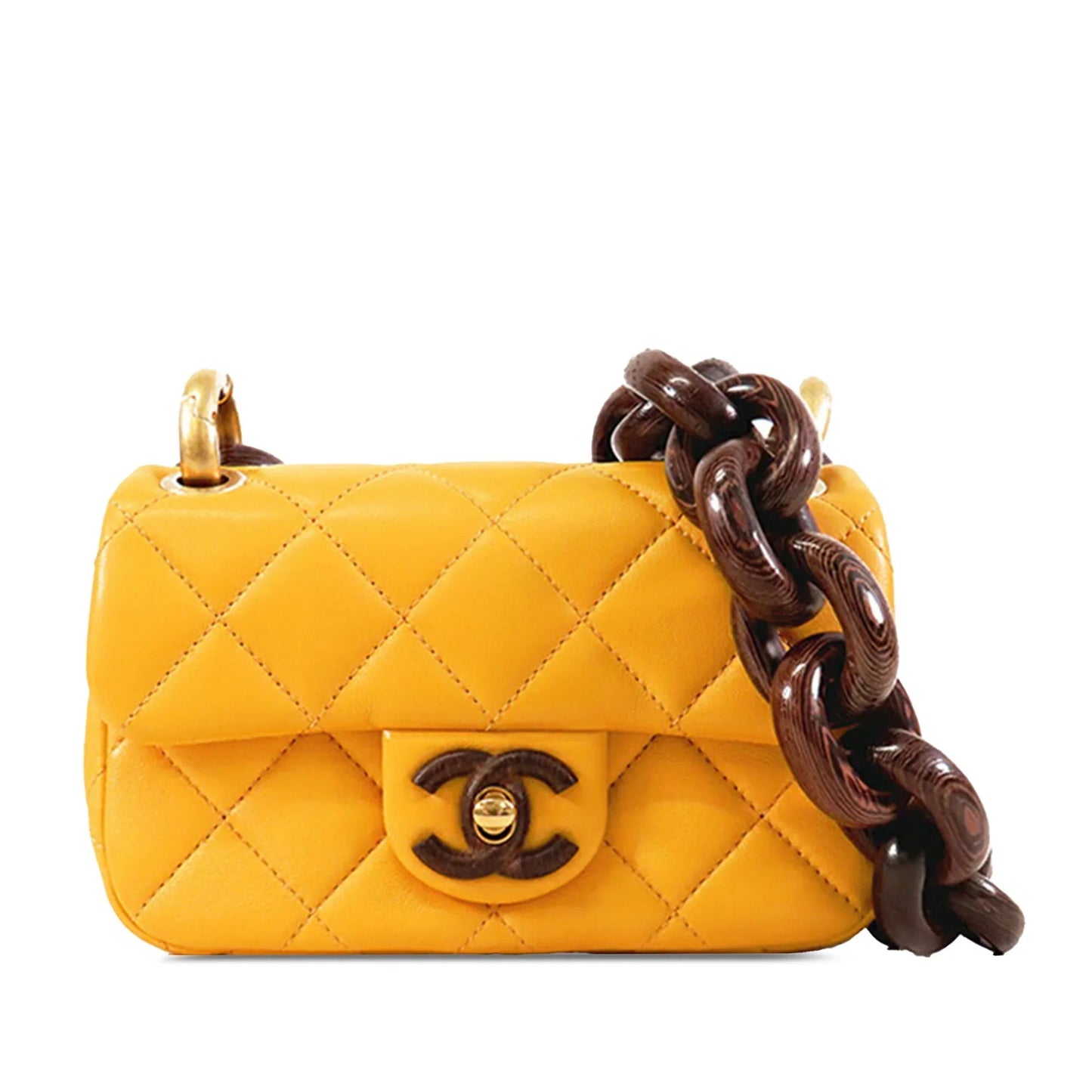 Yellow Chanel Mini Square Lambskin Wenge Wood Flap Crossbody Bag