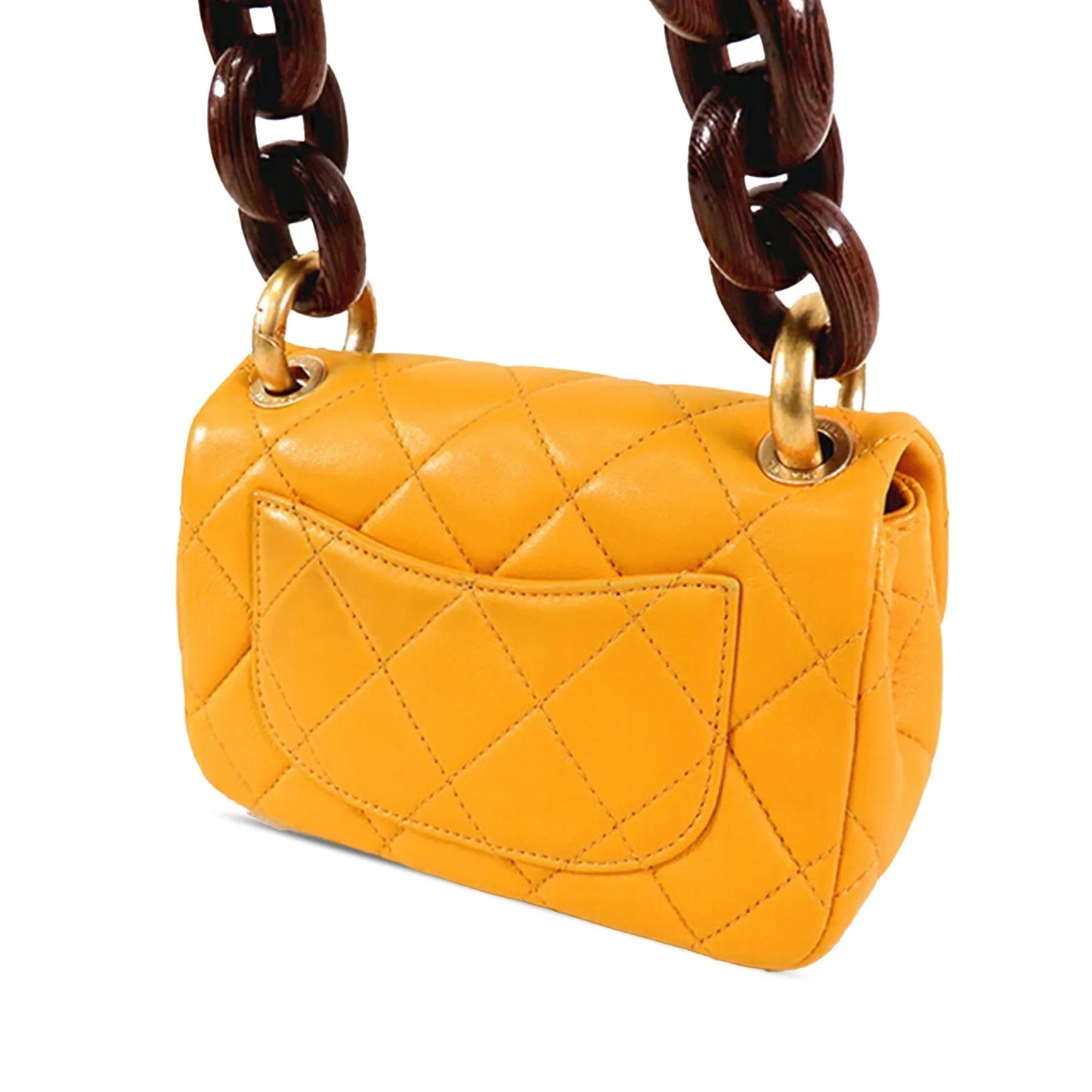 Yellow Chanel Mini Square Lambskin Wenge Wood Flap Crossbody Bag