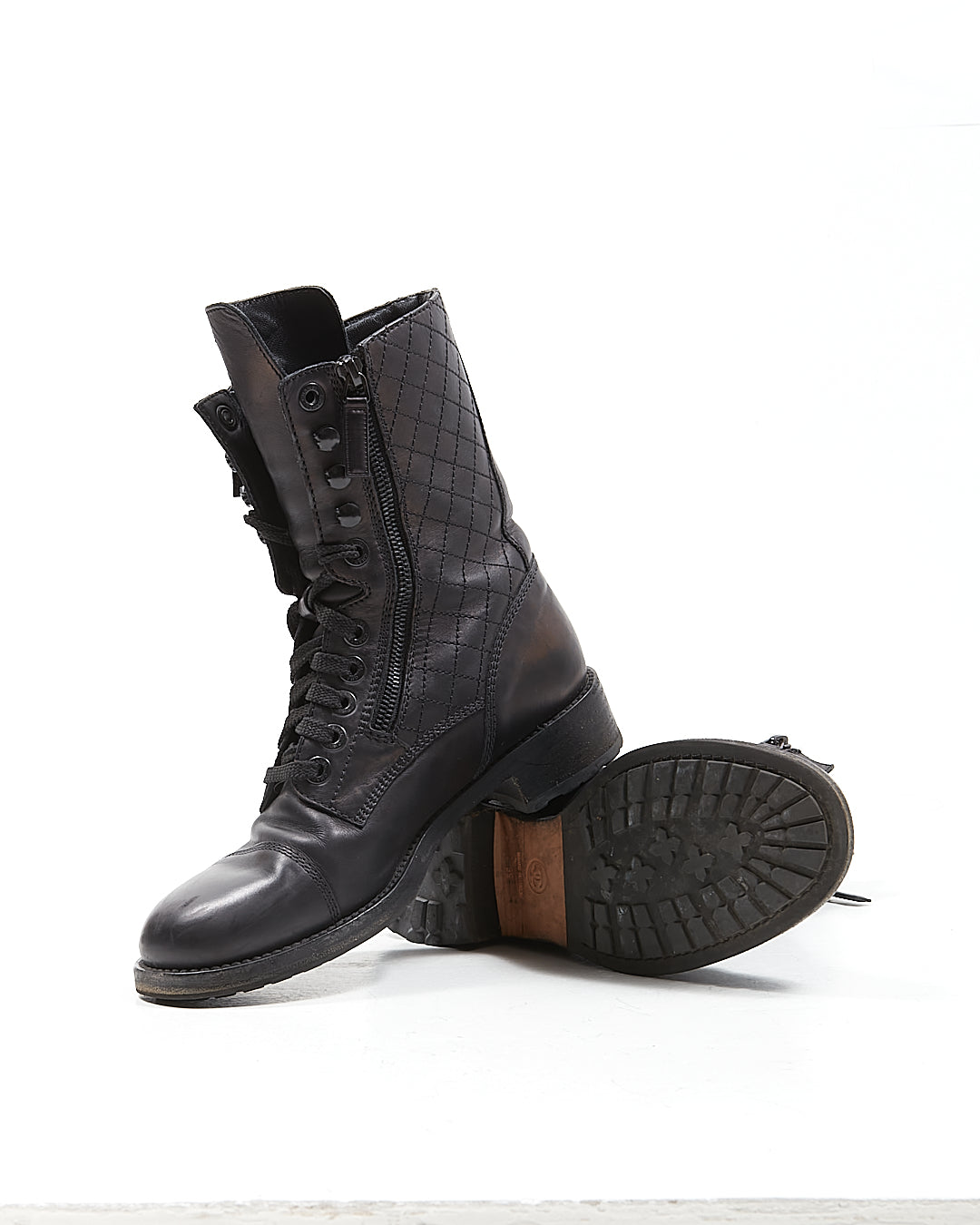 Chanel Black Leather Quilted CC Logo Combat Boot - 39