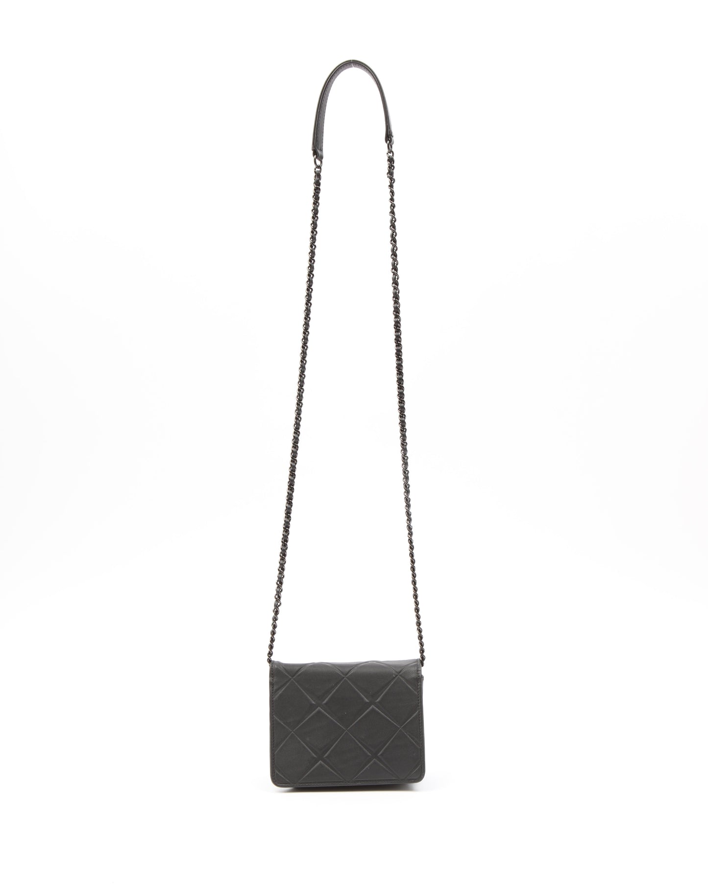 Chanel All Black Propeller Leather Square Very Debossed Chain Crossbody Bag