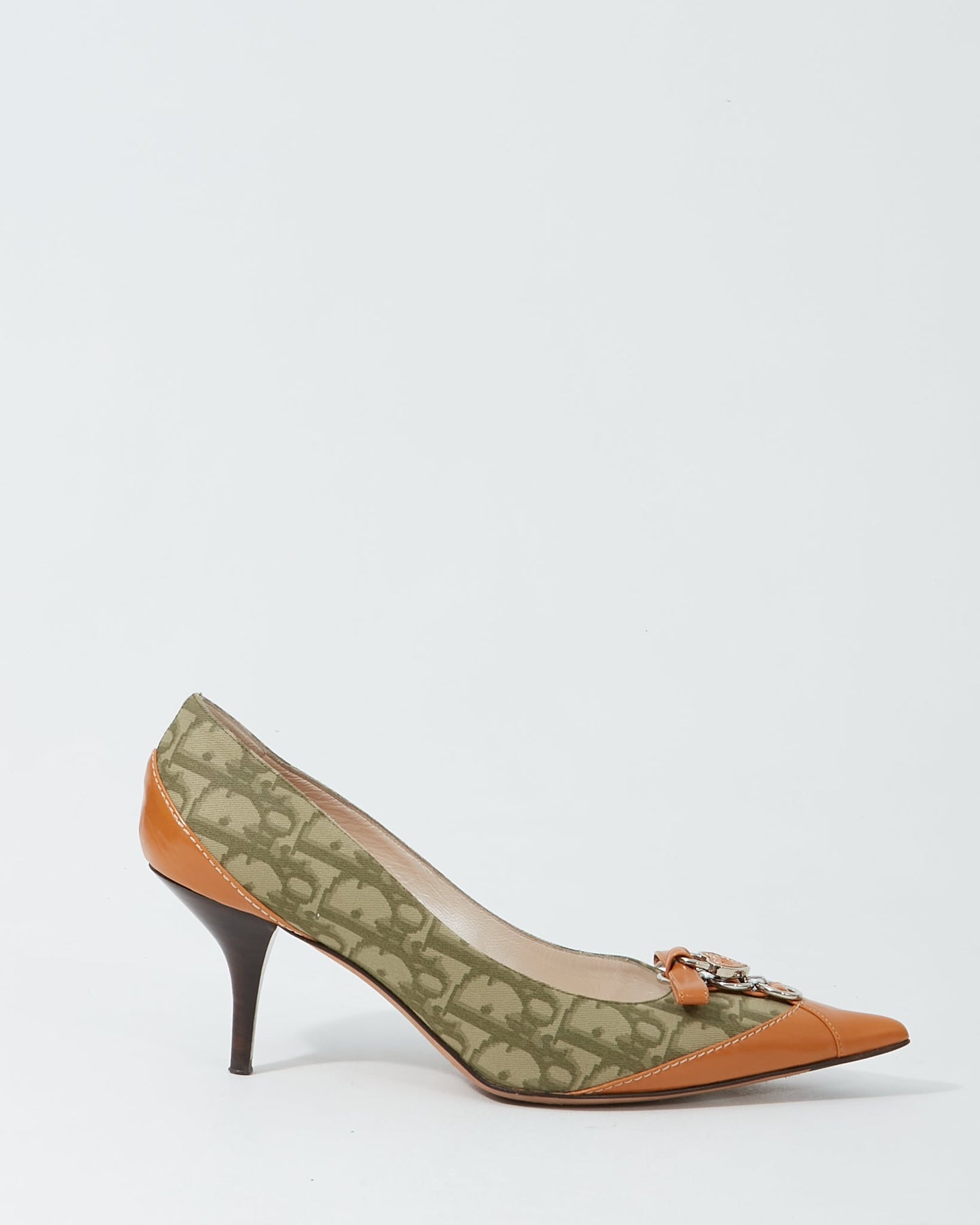 Dior   Green/Tan Canvas & Leather Point Toe Pumps - 38.5