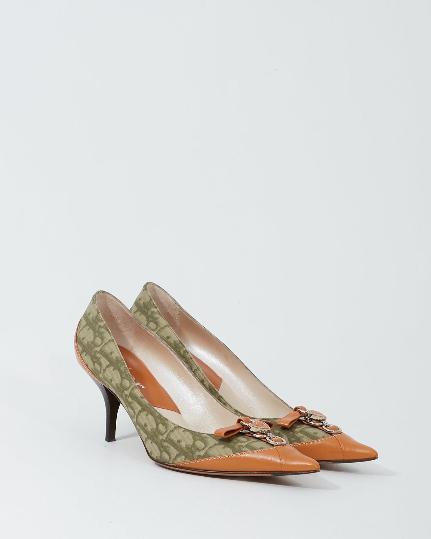 Dior   Green/Tan Canvas & Leather Point Toe Pumps - 38.5