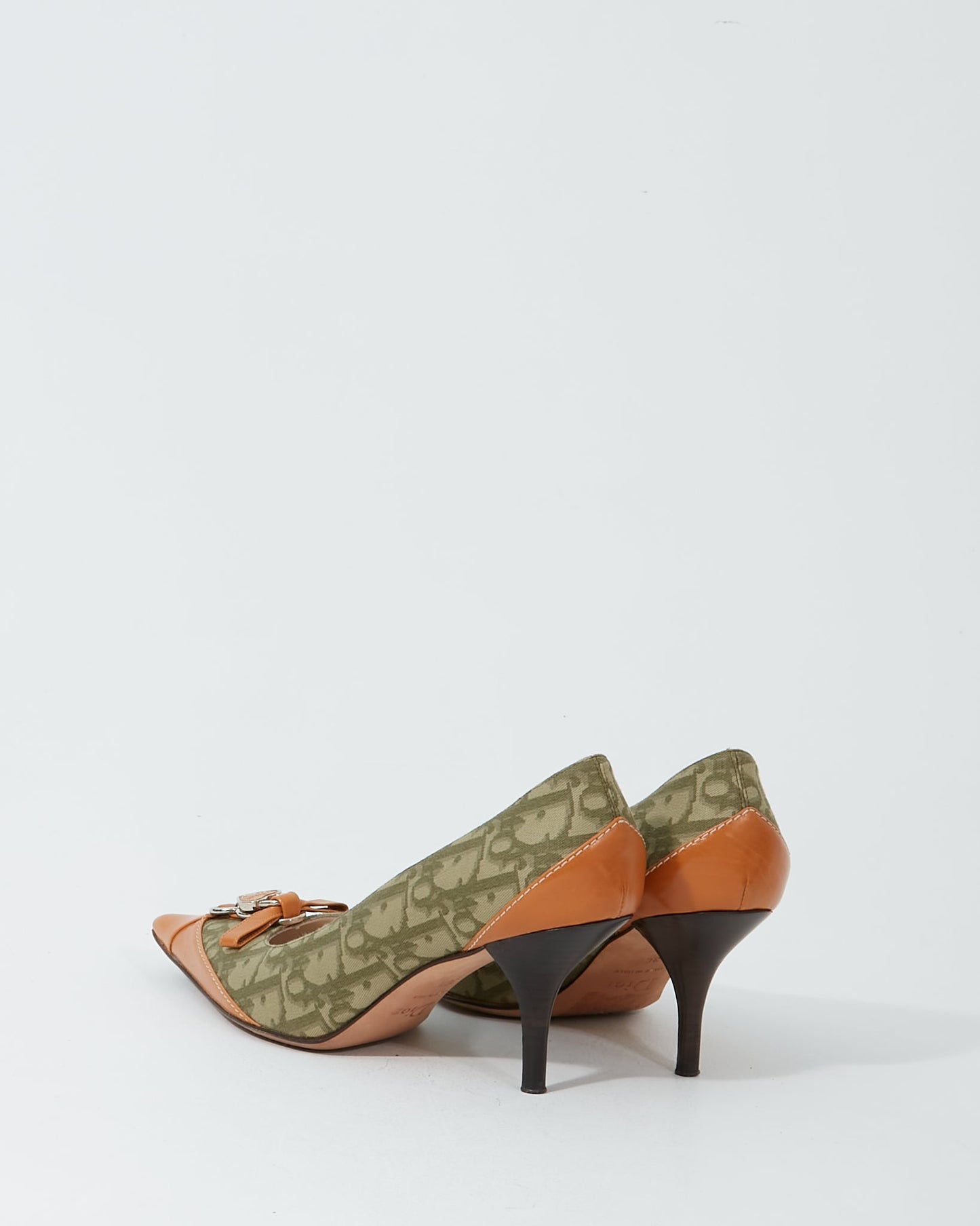 Dior   Green/Tan Canvas & Leather Point Toe Pumps - 38.5