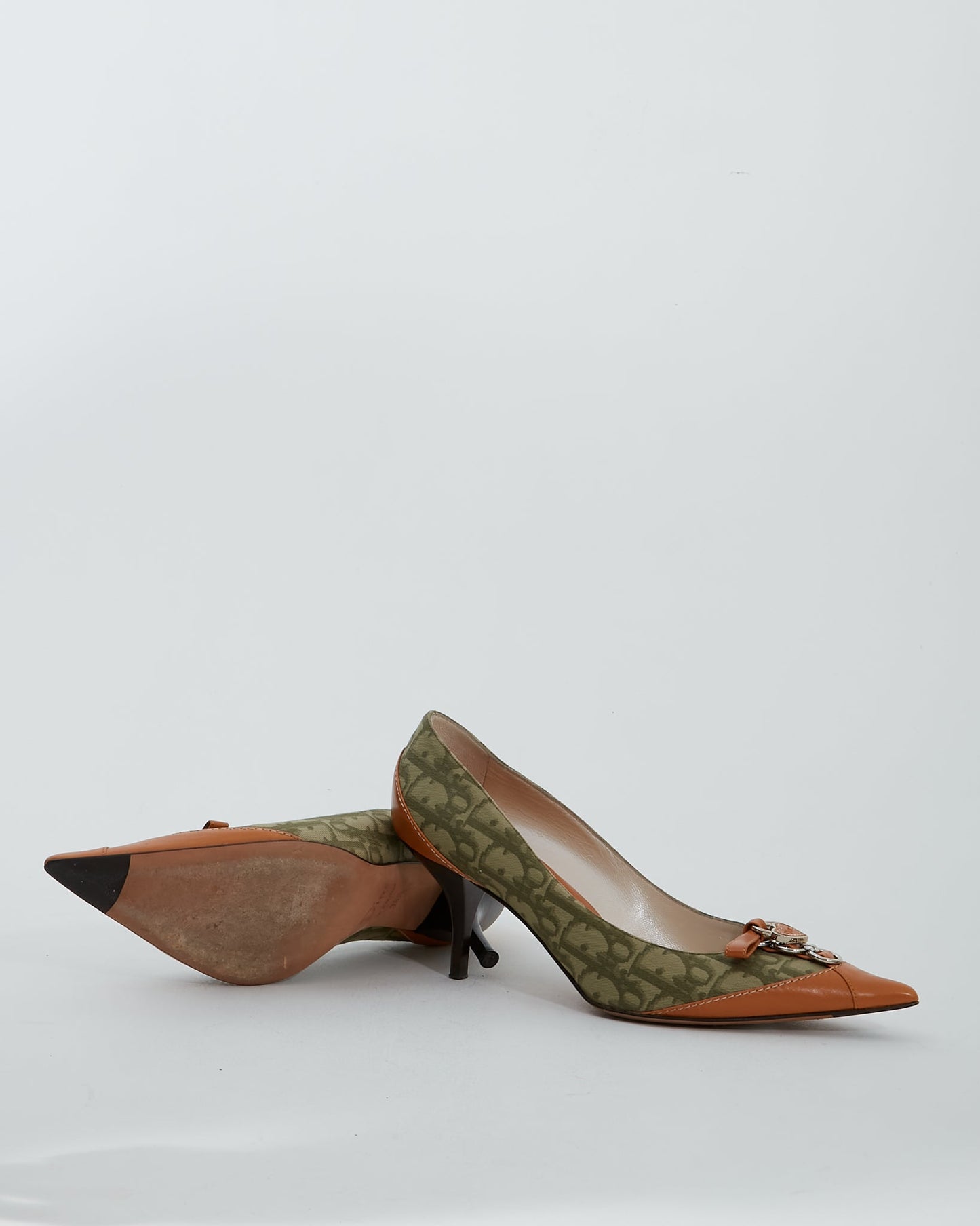 Dior   Green/Tan Canvas & Leather Point Toe Pumps - 38.5
