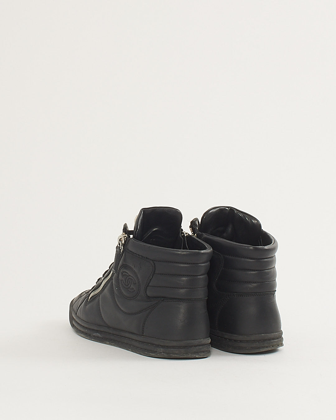 Chanel Black Leather Logo High-Top Sneakers - 38