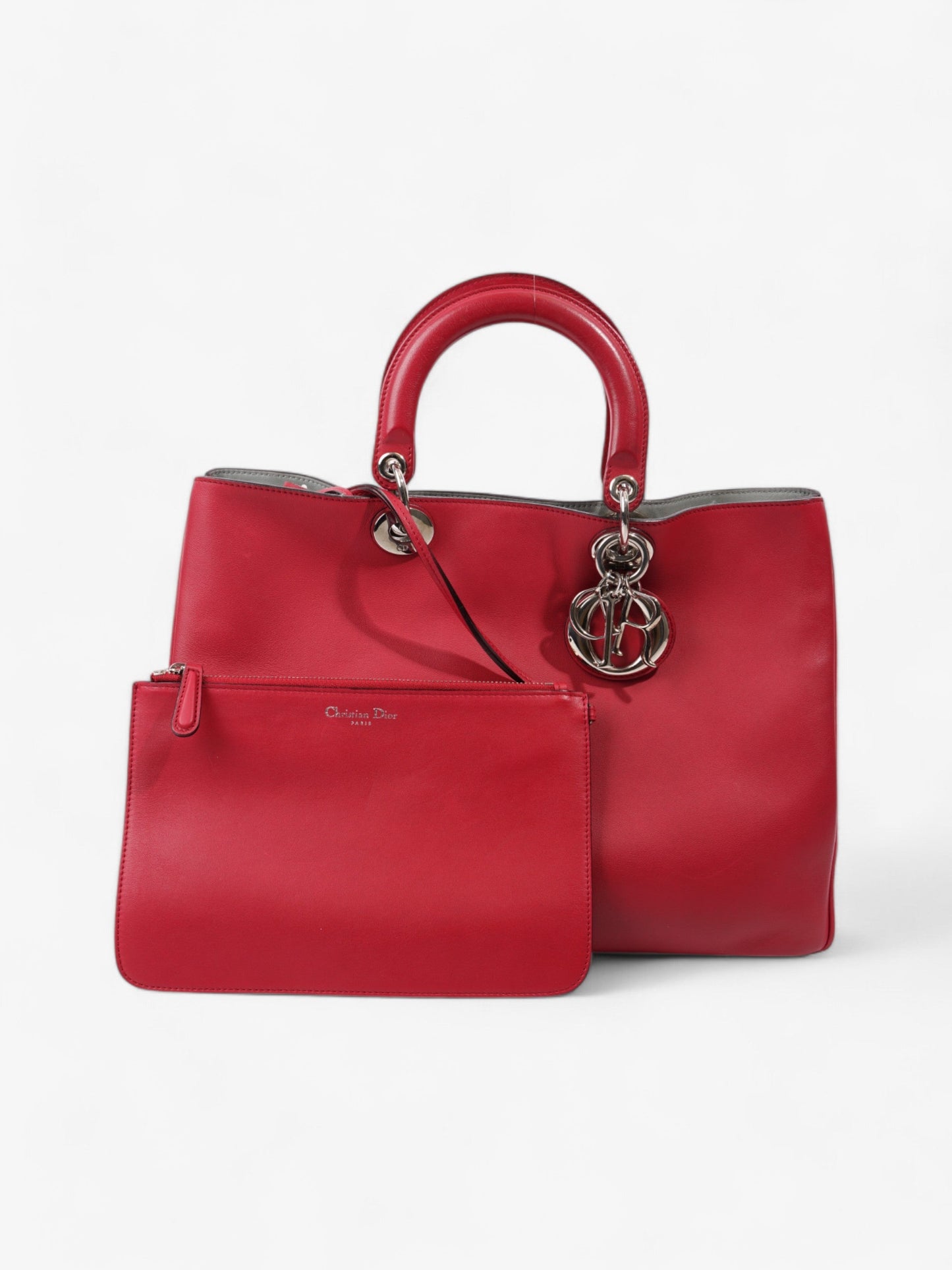 Christian Dior Diorissimo Shopper Tote Red Calfskin Leather Large